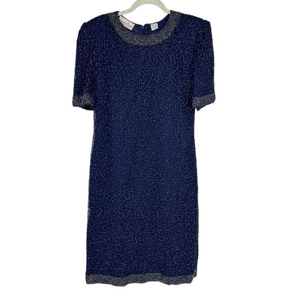Vintage Laurence Kazar Silk All Over Beaded Mini Dress Size L Navy Cocktail - Picture 1 of 13